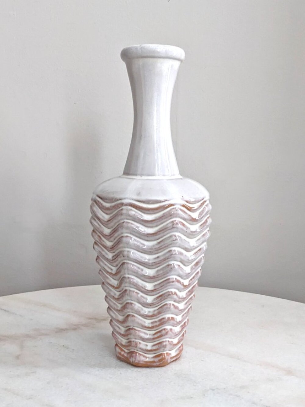 Tall Vase Modern Transitional Wavy Ribbed Pottery Bottleneck Vase